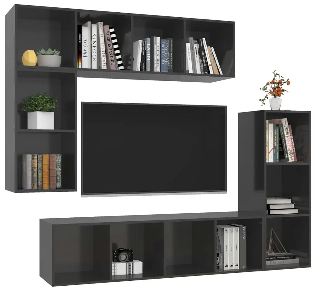 4 pcs conjunto móveis de TV derivados madeira cinza brilhante