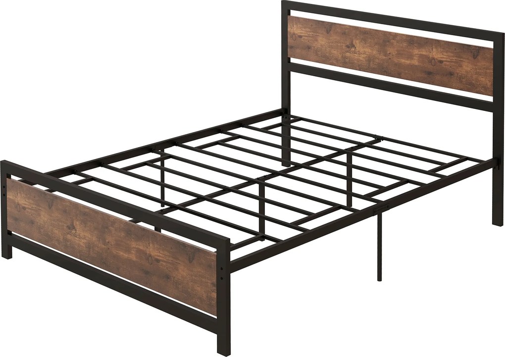 Estrutura de cama de casal em aço com base de cama e cabeceira, compatível com colchões de 190 x 140 cm (NÃO INCLUÍDO), com acabamento em madeira escu