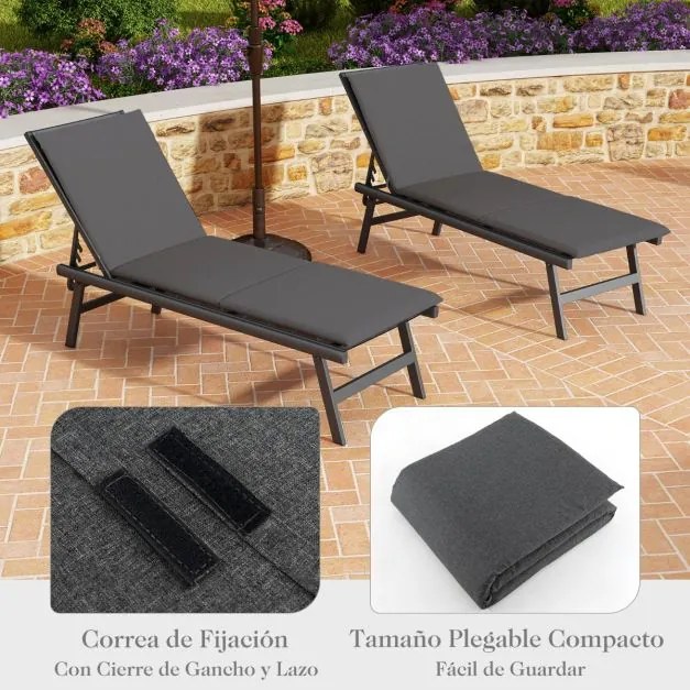 Almofada de espreguiçadeira para exterior com fitas de fixação Fecho de gancho 182 x 59 cm Cinzento