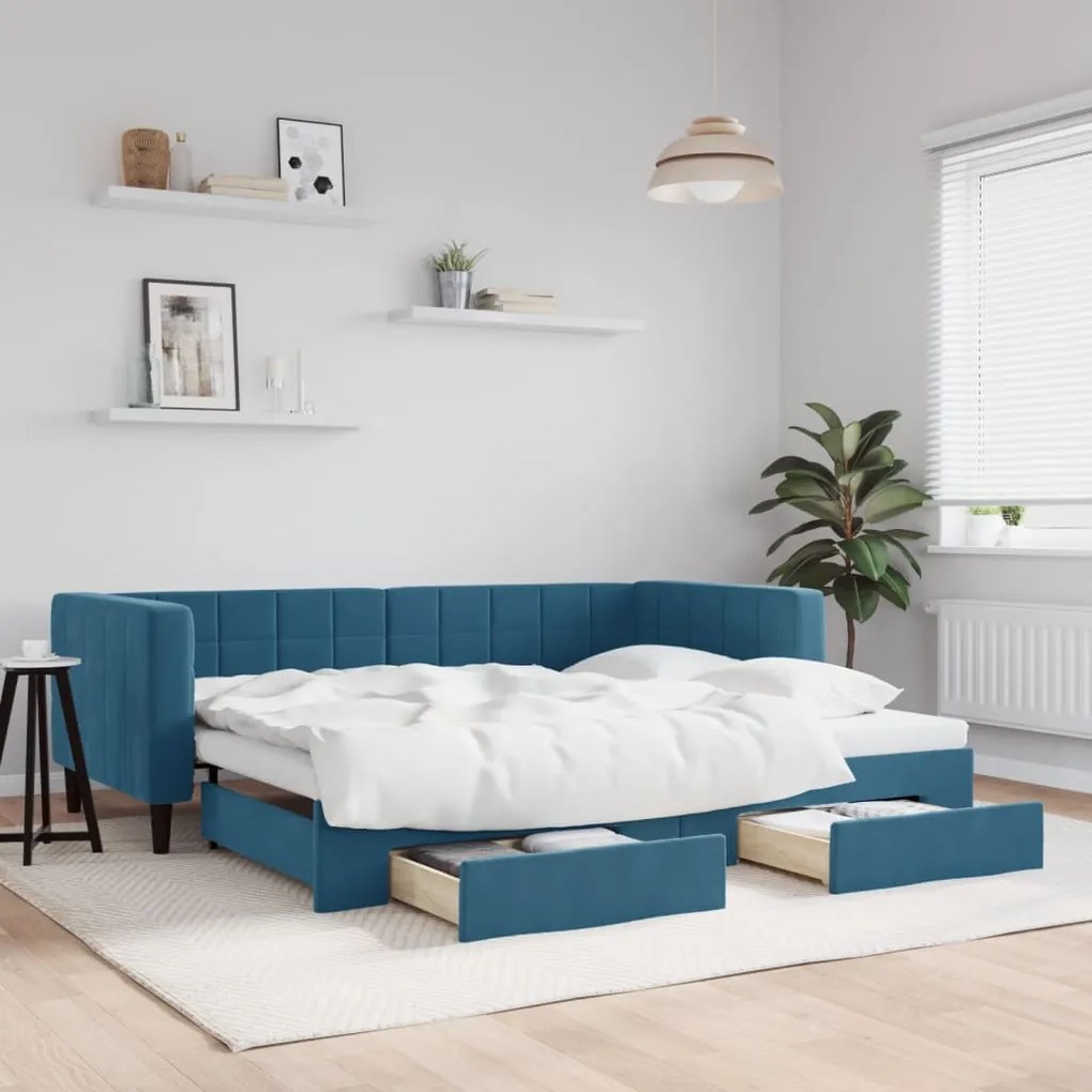 vidaXL Sofá-cama com gavetão e gavetas 90x200 cm veludo azul