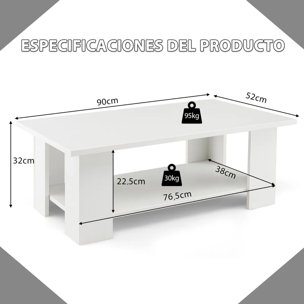 Mesa de centro moderna com estante aberta retangular em madeira para sala de estar 90 x 52 x 32 cm Branco