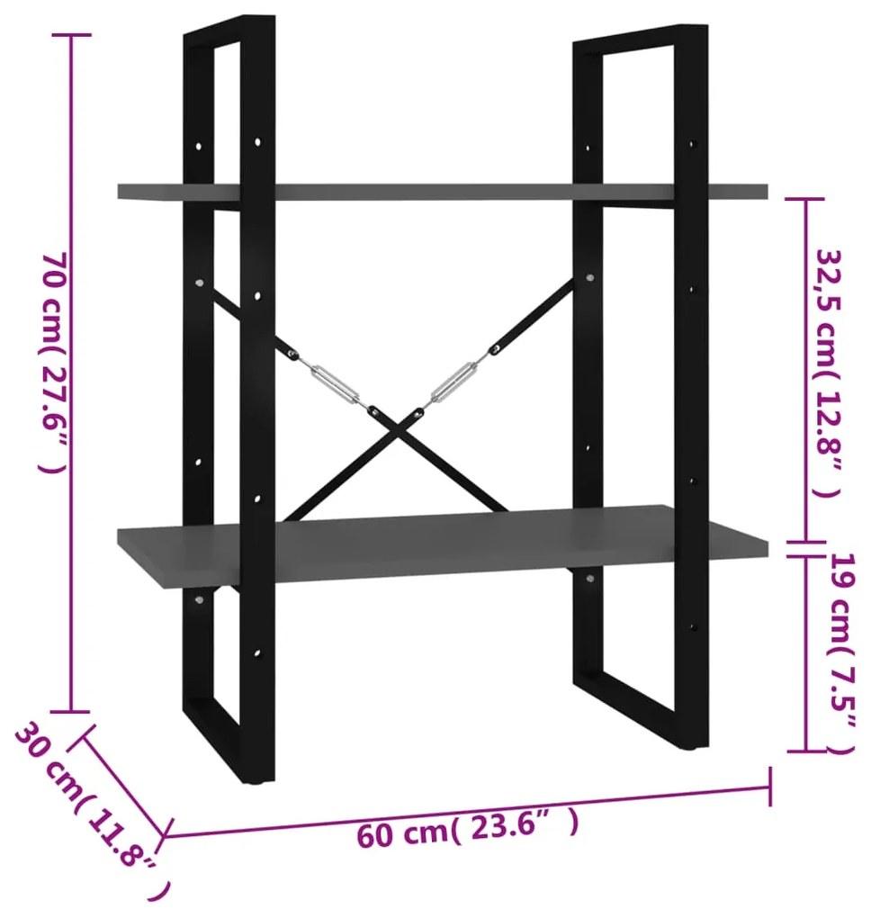 Estante com 2 prateleiras 60x30x70 cm contraplacado cinzento