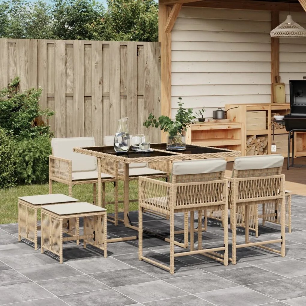 vidaXL 9 pcs conjunto de jantar p/ jardim com almofadões vime PE bege