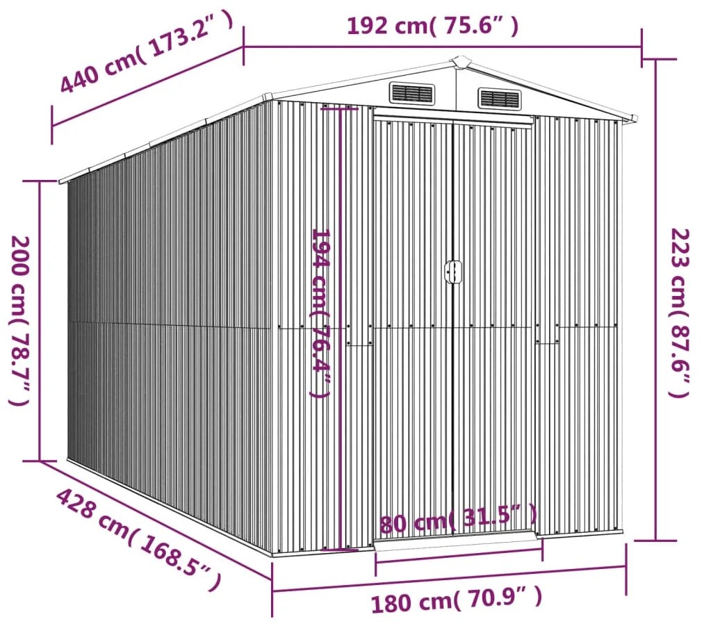 Abrigo de jardim 192x440x223 cm aço galvanizado cinzento-claro