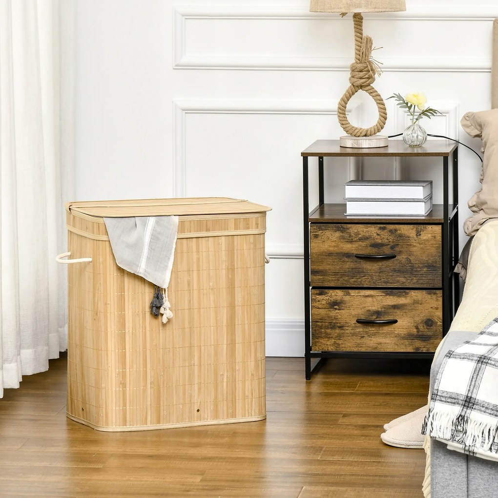 Cesto de Roupa Suja 90L em Bambu com 2 Compartimentos Alças e Bolsa Interna Removível 54,2x35,2x59,5 cm Madeira