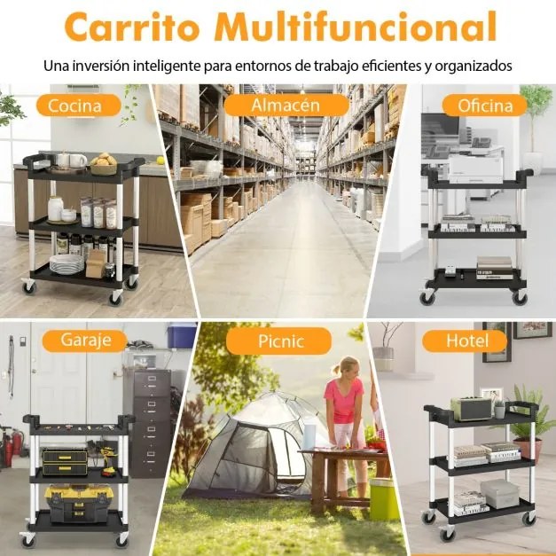 Carrinho multifuncional 80 x 41 x 97 cm de 3 níveis com rodas bloqueáveis e alças duplas, estrutura em alumínio para cozinha ou garagem, preto