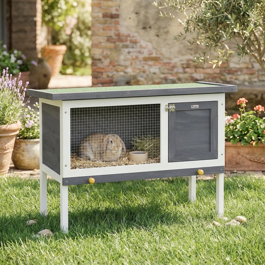 Gaiola para coelhos de exterior em madeira, com teto abrível em asfalto e tabuleiro deslizante, design elevado, 90 x 45 x 65 cm, cinzento