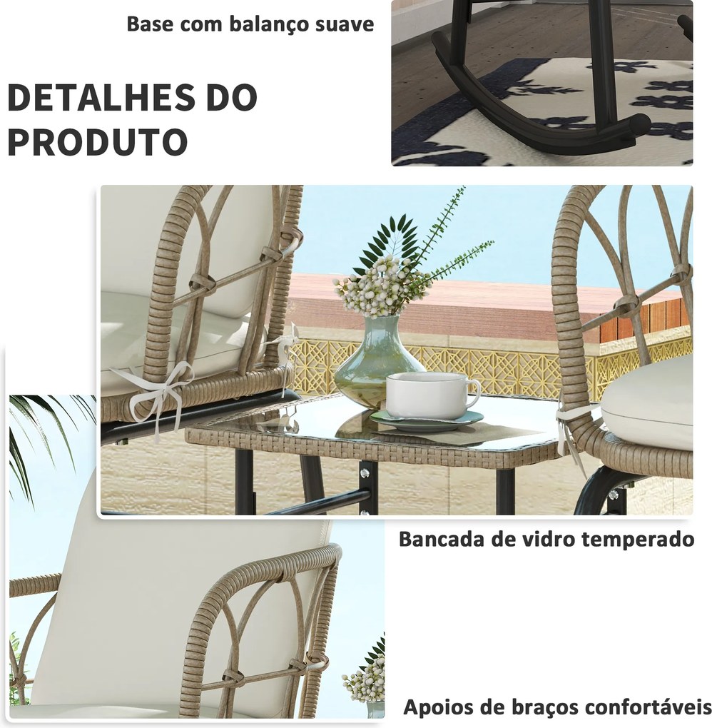 Conjunto de Móveis jardim de Vime de 3 Peças com 2 Cadeiras de Baloiço 1 Mesa de Centro e Almofadas Creme e Bege