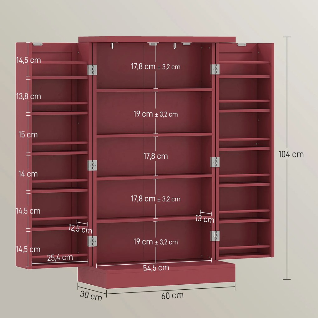 Armário de cozinha para despensa 60 x 30 x 104 cm com 2 portas, 5 prateleiras e 12 suportes para especiarias vermelho
