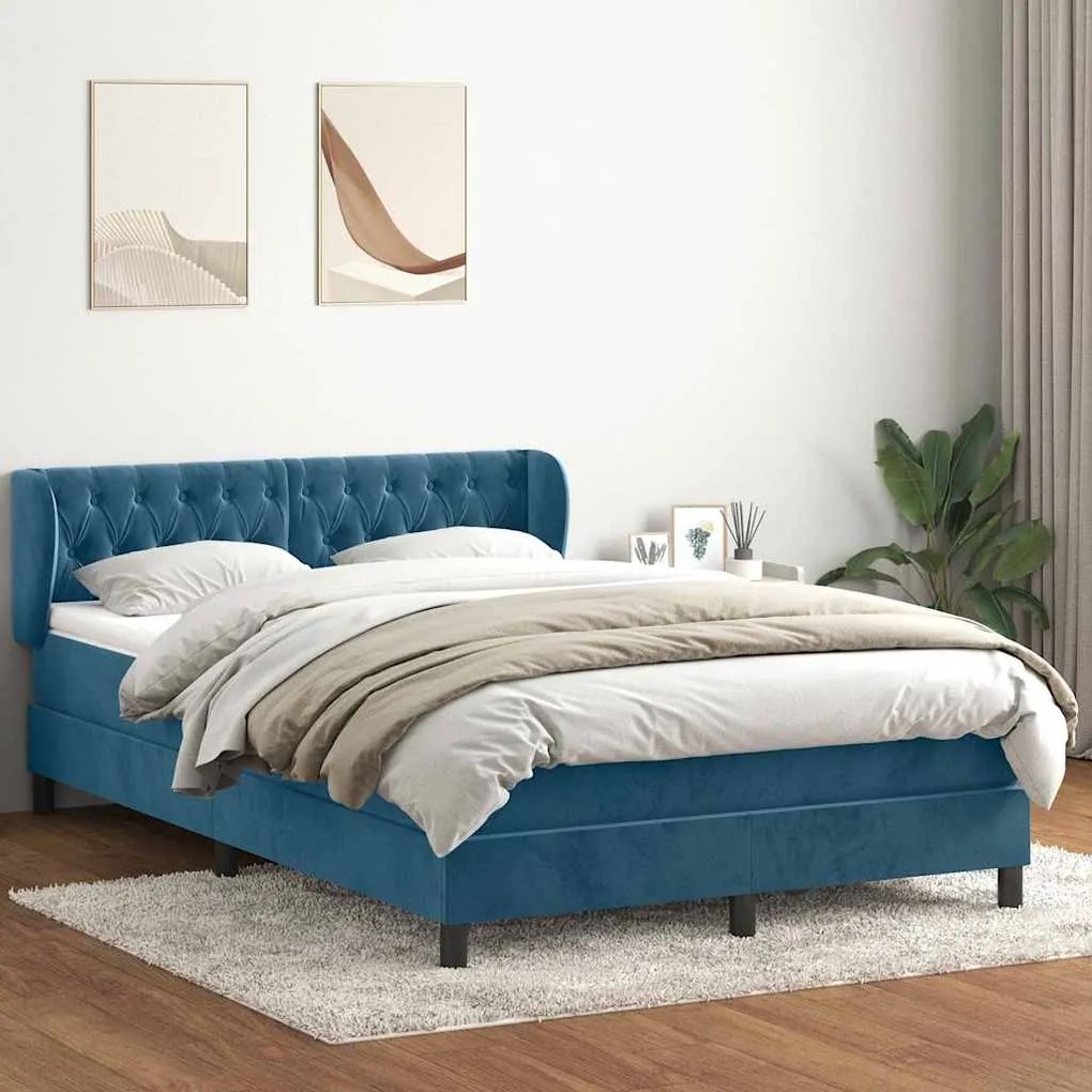 vidaXL Cama box spring com colchão 160x210 cm veludo azul escuro
