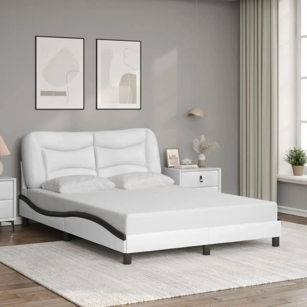 Estrutura cama c/ cabeceira 140x200 couro artif. branco/preto