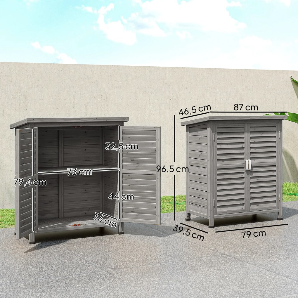 Armário de Armazenamento de Madeira para Jardim com 2 Prateleiras Interiores 2 Portas e Teto Inclinado para Exterior Terraço 87x46,5x96,5cm Cinza