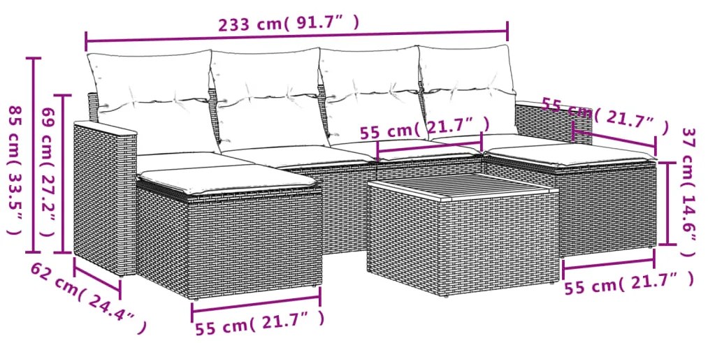 7 pcs conjunto de sofás p/ jardim com almofadões vime PE bege