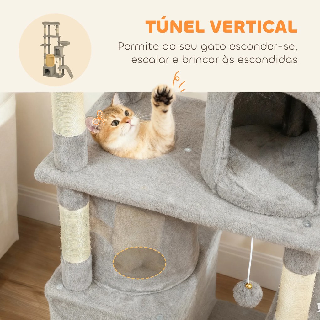 Arranhador para Gatos Grande com 7 Postes 1 Túnel 3 Plataformas 2 Cavernas 1 Rede 1 Poleiro 1 Rampa Pompons 60x40x170 cm Cinzento