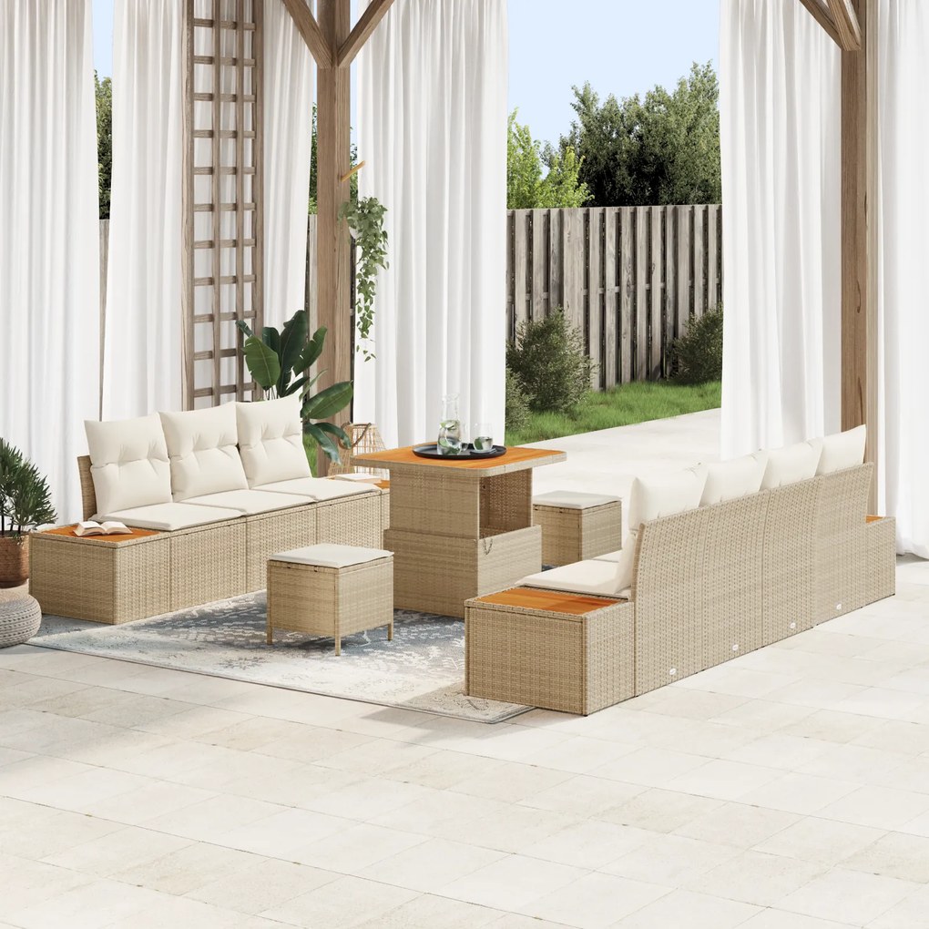 Conjunto de Sofá Jardim vidaXL 10 Peças com Almofadas Bege Polirattan