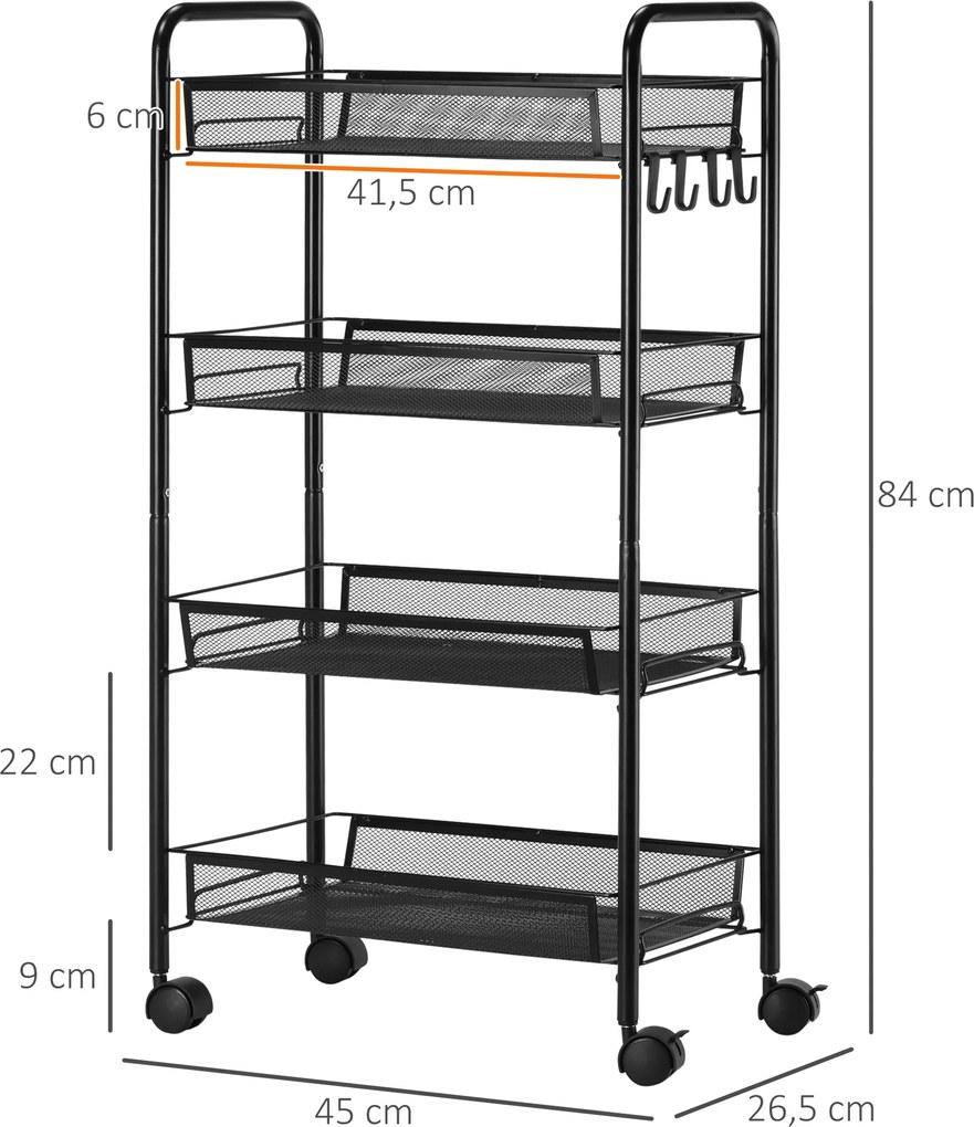 Carrinho Auxiliar com Rodas Carrinho de Cozinha de 4 Níveis Carrinho de Armazenamento com 4 Ganchos 45x26,5x84 cm Preto