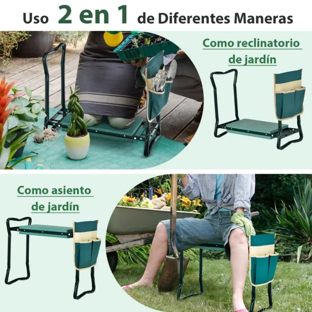 Assento duplo de jardim 2 em 1 com bolsa lateral e banco almofadado para carga seca e sentada 150 kg 58 x 27,5 x 50 cm verde