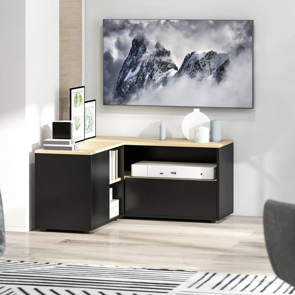 Móvel de TV de canto com banco para televisores até 40 polegadas, com 2 armários e 3 compartimentos abertos, 90 x 90 x 45 cm, em carvalho e preto