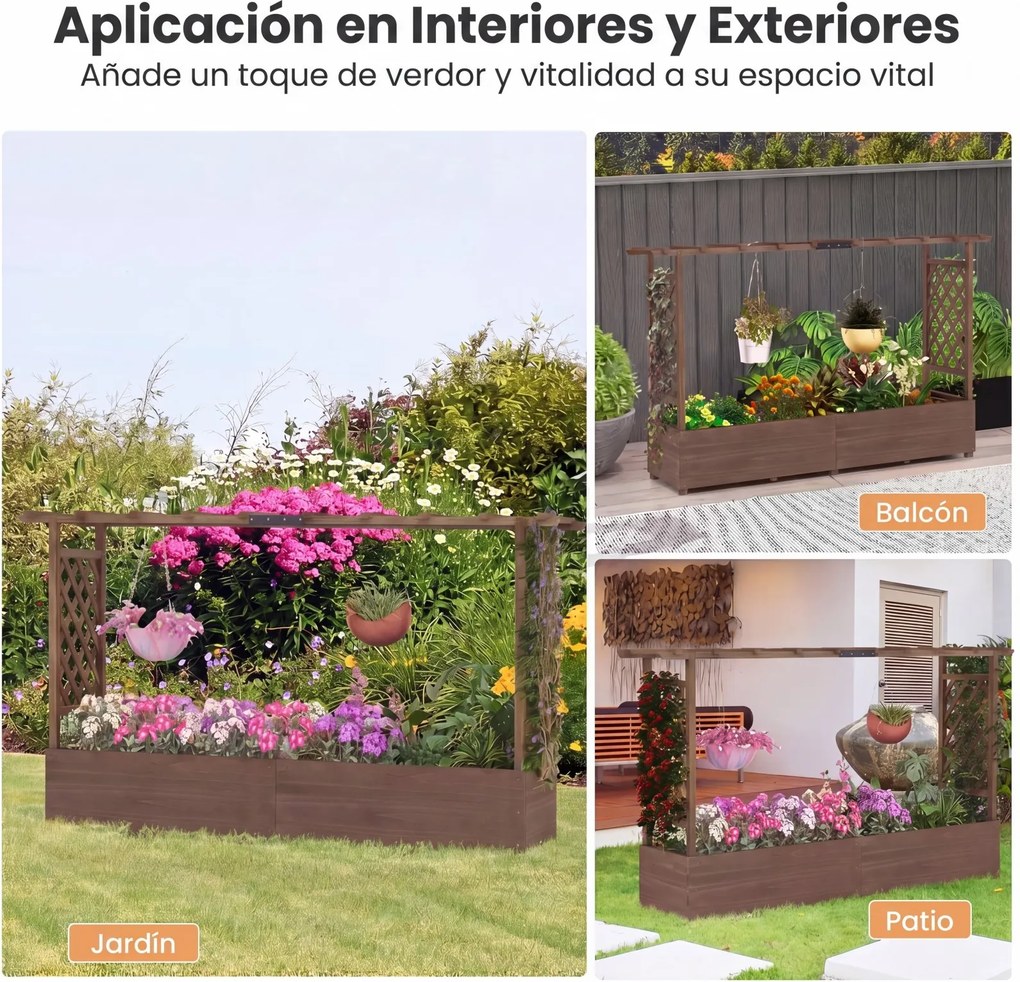 Floreira com Treliça para Plantas Trepadoras, 200 x 44 x 114 cm, Base Removível, Castanho