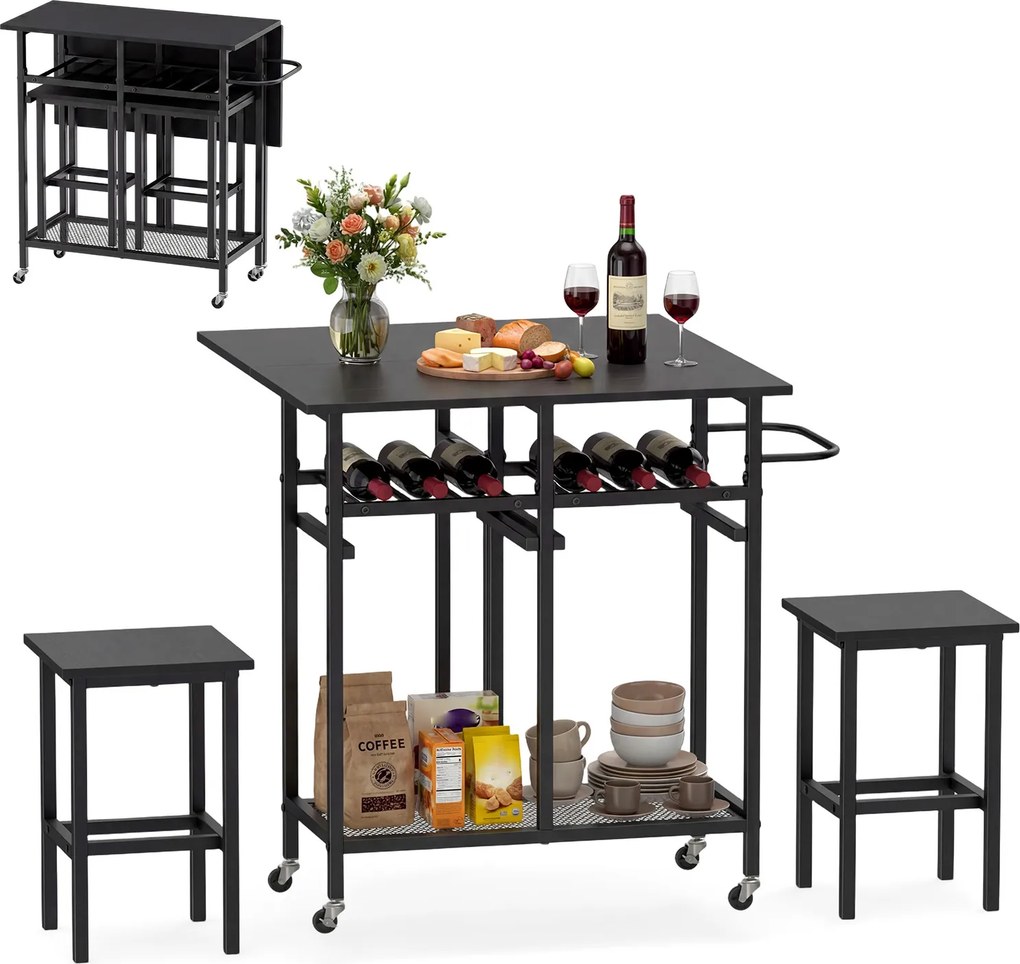 Conjunto de mesa de jantar alta de 3 peças com 2 bancos, suporte para 6 garrafas, estantes e pega lateral, mesa dobrável para cozinha, preta