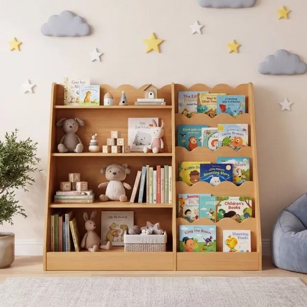 Estante infantil para livros 90 x 40 x 80,5 cm com espaço de arrumação aberto para quarto, sala de jogos e creche, estilo natural
