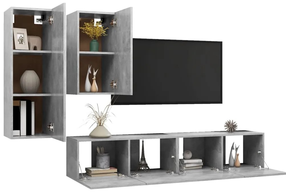 4 pcs conjunto de móveis de TV derivados madeira cinza cimento