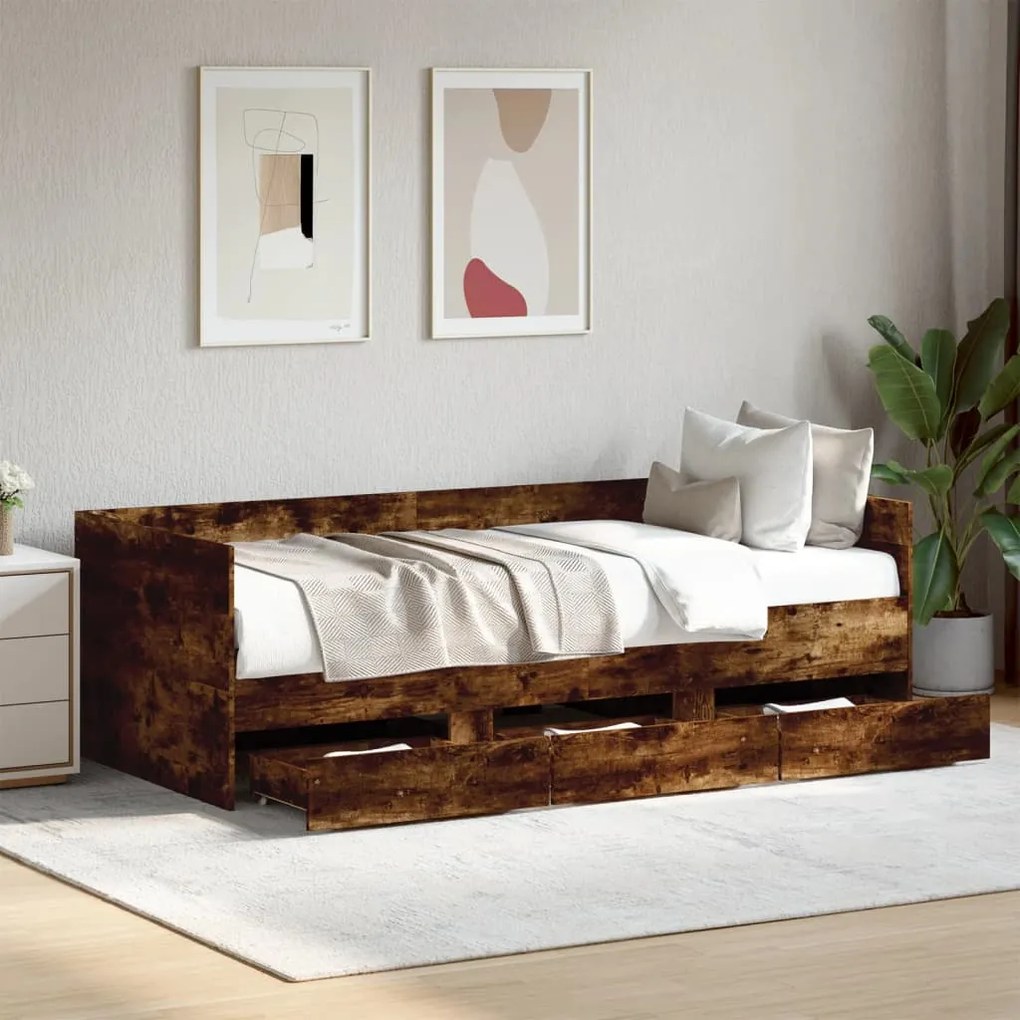 Sofá-cama com gavetas sem colchão 90x190 cm carvalho fumado