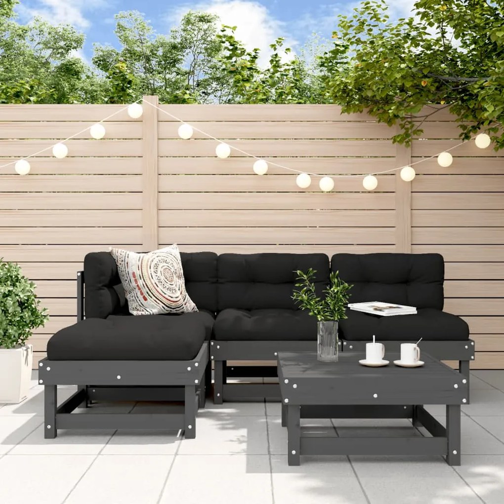 vidaXL 5pcs conjunto lounge jardim com almofadões madeira maciça cinza