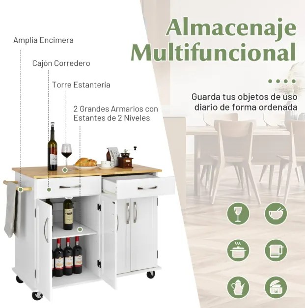 Carrinho para ilha de cozinha com tampo de madeira Estantes ajustáveis 2 gavetas grandes 122 x 48 x 92,5 cm Branco
