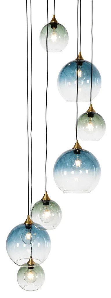 Candeeiro de suspensão Art Déco em latão com vidro azul redondo 7 luzes - Sandra Art Deco