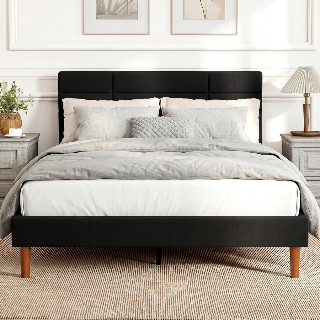 Estrutura de cama 140 x 200 cm com base de madeira, (COLCHÃO NÃO INCLUIDO) cama de casal estofada com efeito de linho, espaço de arrumação por baixo,