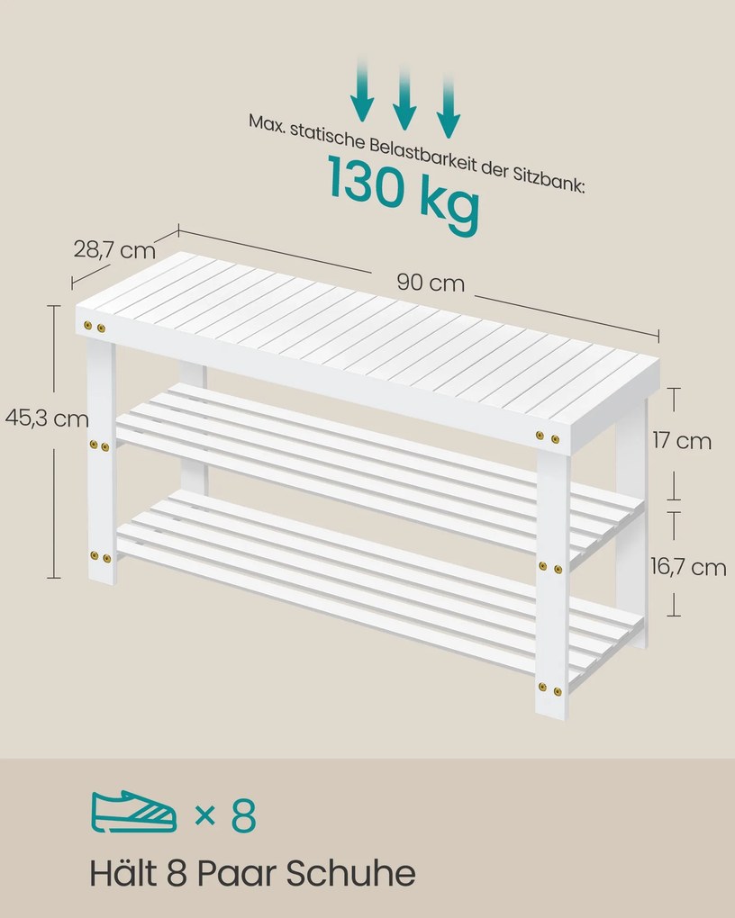Banco sapateira em bambu, 3 níveis, 90 x 45,3 cm branco