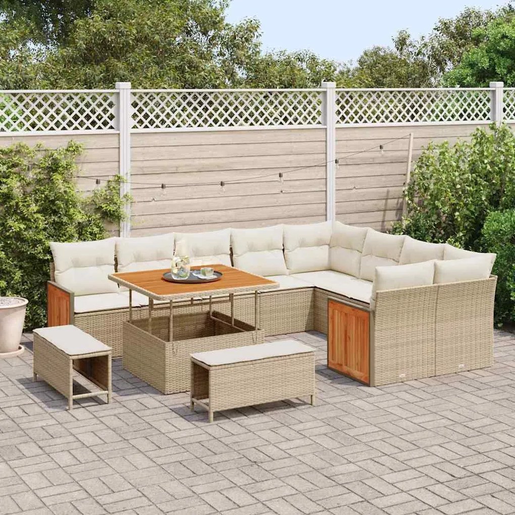 Conjunto de Sofá de Jardim vidaXL 12 Peças com Almofadas Bege de Ratta