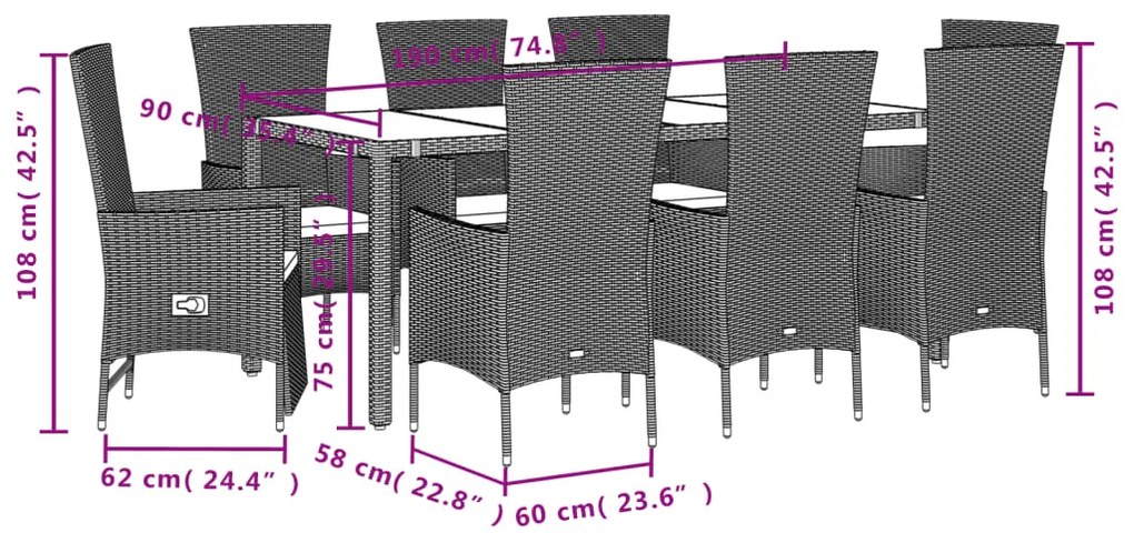 9 pcs conjunto de jantar p/ jardim com almofadões vime PE bege