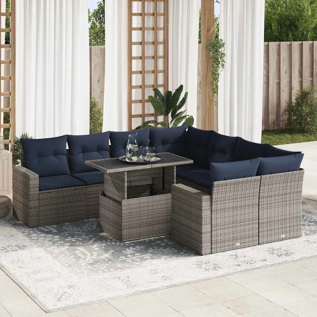 9 pcs conjunto sofás jardim almofadões vime PE/acácia cinzento