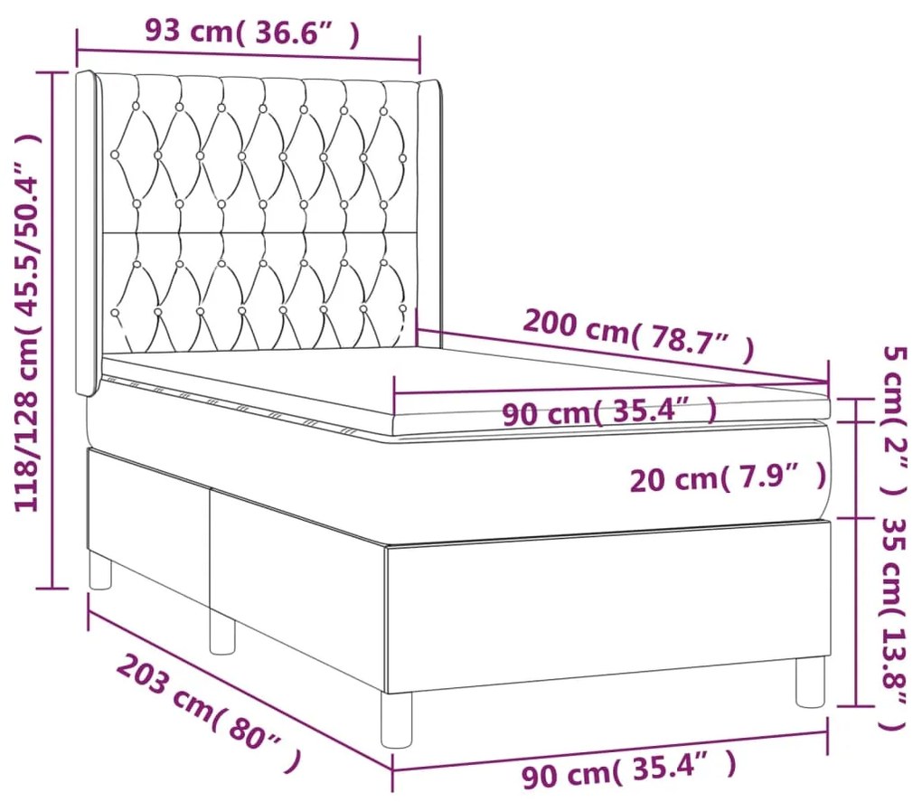 Cama box spring c/ colchão/LED 90x200 cm veludo preto