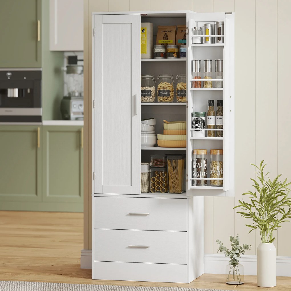 Armário alto de cozinha 60 x 40 x 159 cm com2 portas, 8 suportes para especiarias, 2 gavetas, prateleiras ajustáveis, , branco