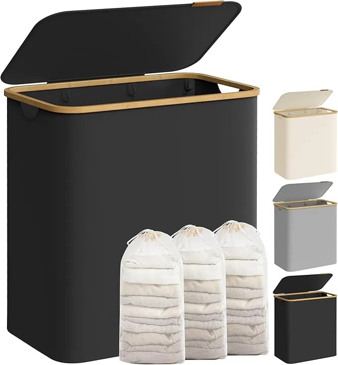 Cesto de roupa suja SONGMICS com tampa, cesto grande para roupa suja de 3 seções, 150 L, forro de malha removível, tecido Oxford, alças de bambu, dobrável, 60 x 38,5 x 70,5 cm, tinta preta LCB515B01V1