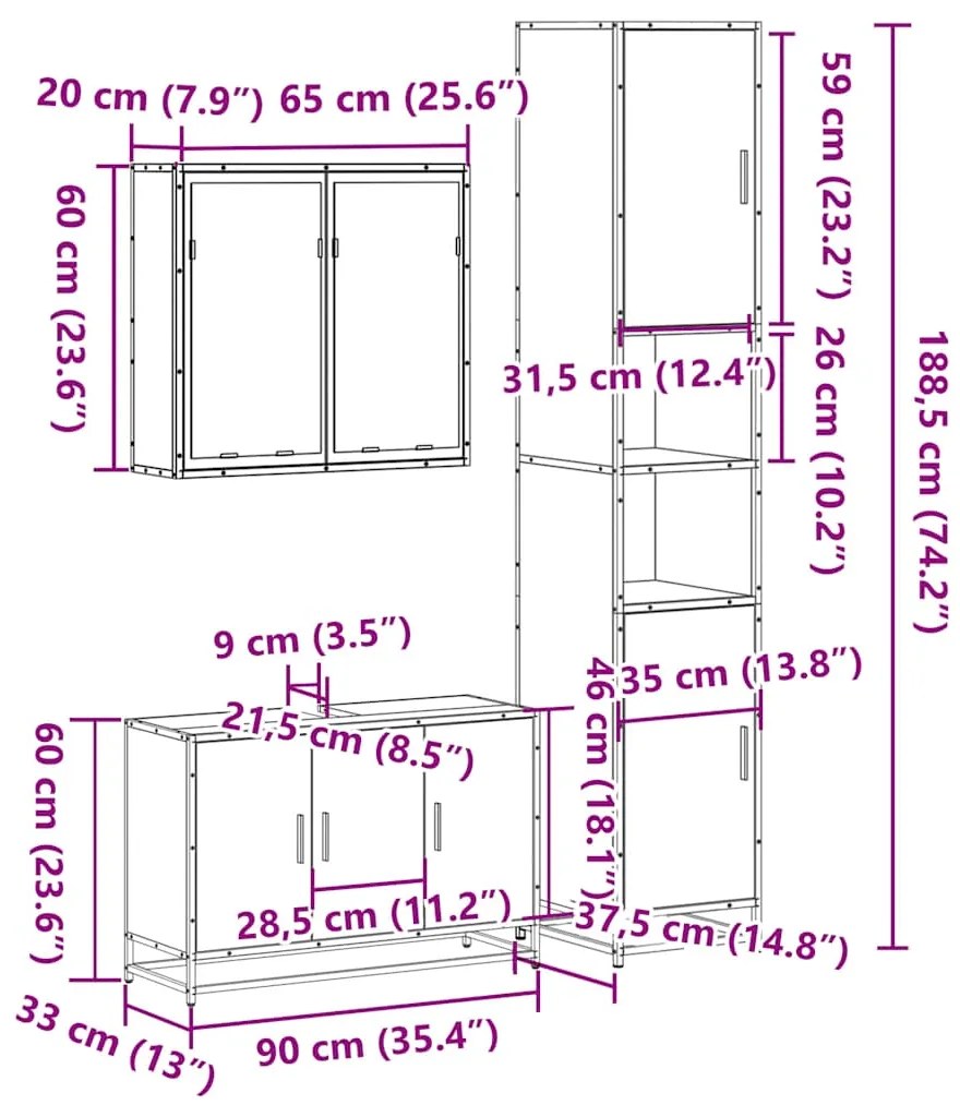 3 pcs conjunto móveis casa de banho derivados de madeira preto