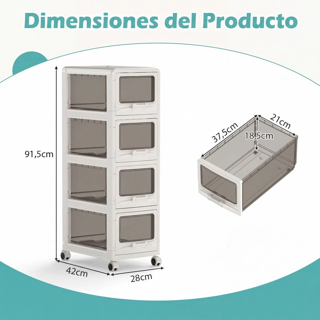 Carrinho de Arrumação com 4 Gavetas, 42 x 28 x 91,5 cm, Rodas com Travão, Branco