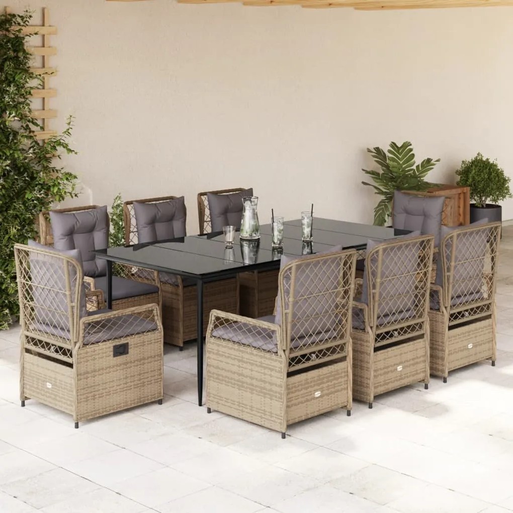 9 pcs conjunto de jantar p/ jardim com almofadões vime PE bege