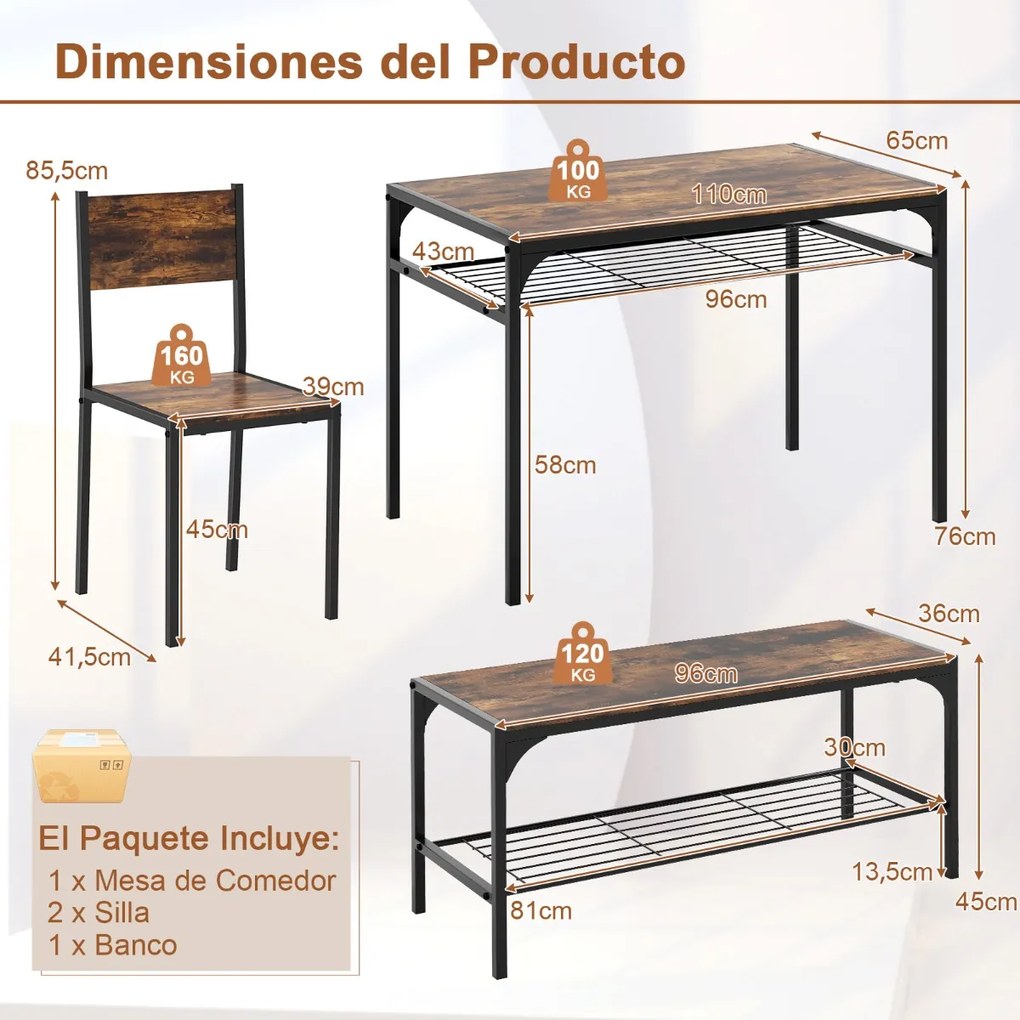 Conjunto de mesa de 2 cadeiras e um banco de jantar com estrutura em metal e prateleira moderna, para sala de jantar e cozinha castanho
