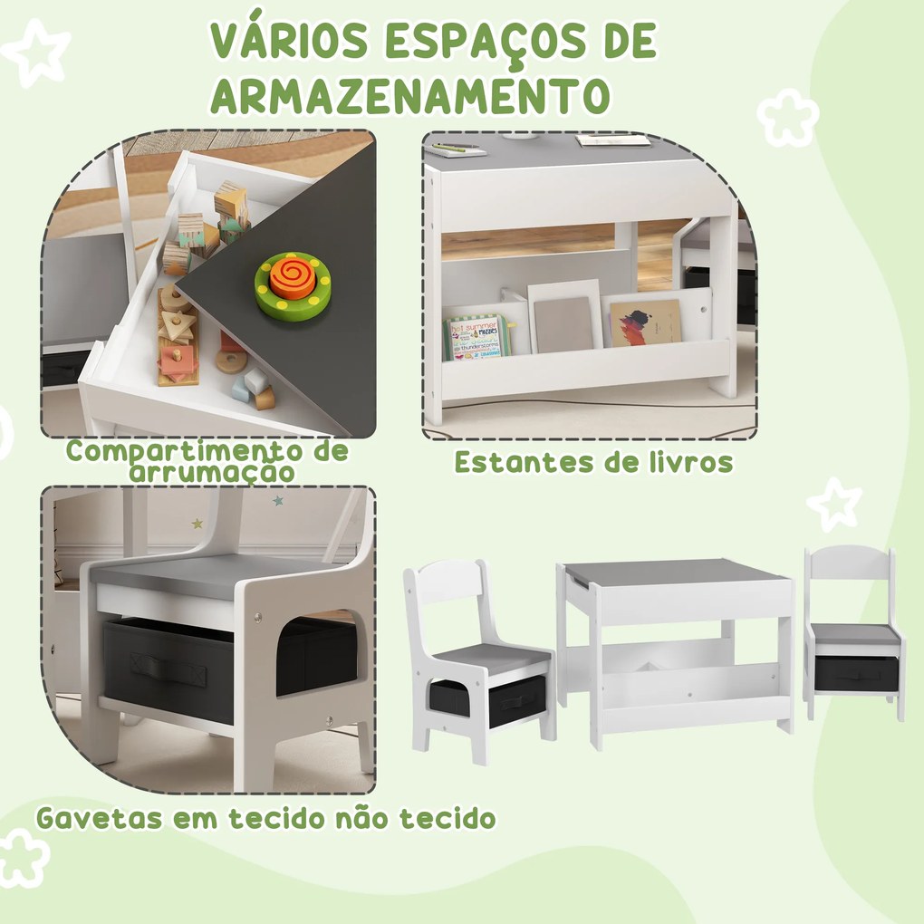 Conjunto de Mesa e 2 Cadeiras Infantis 2 em 1 com Ardósia Gavetas de Tecido e Espaço de Armazenamento para Quarto Cinza