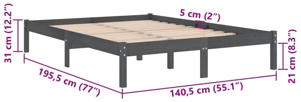 Estrutura de cama casal 135x190 cm madeira maciça cinzento