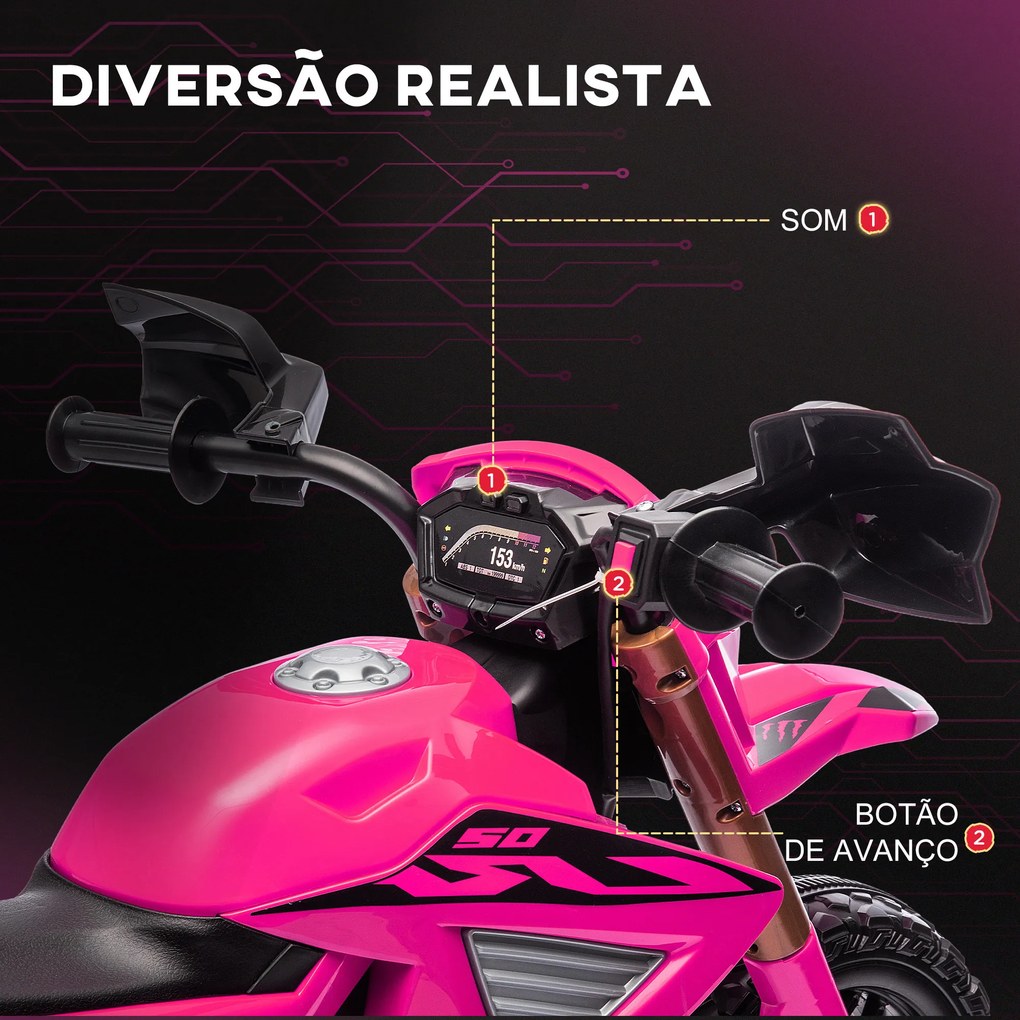 Mota Elétrica para Crianças Moto a Bateria para Crianças 6V com Rodas de Treino e Buzina 105x57x62 cm Rosa