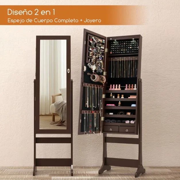 Armário para joias com espelho de corpo inteiro e luzes LED 4 ângulos de inclinação ajustáveis 41 x 37 x 146 cm Castanho