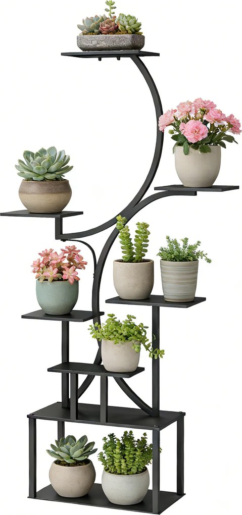 Estante para flores em metal com 8 níveis, estante para plantas em forma de S com 158,5 cm, para interior e exterior, preta