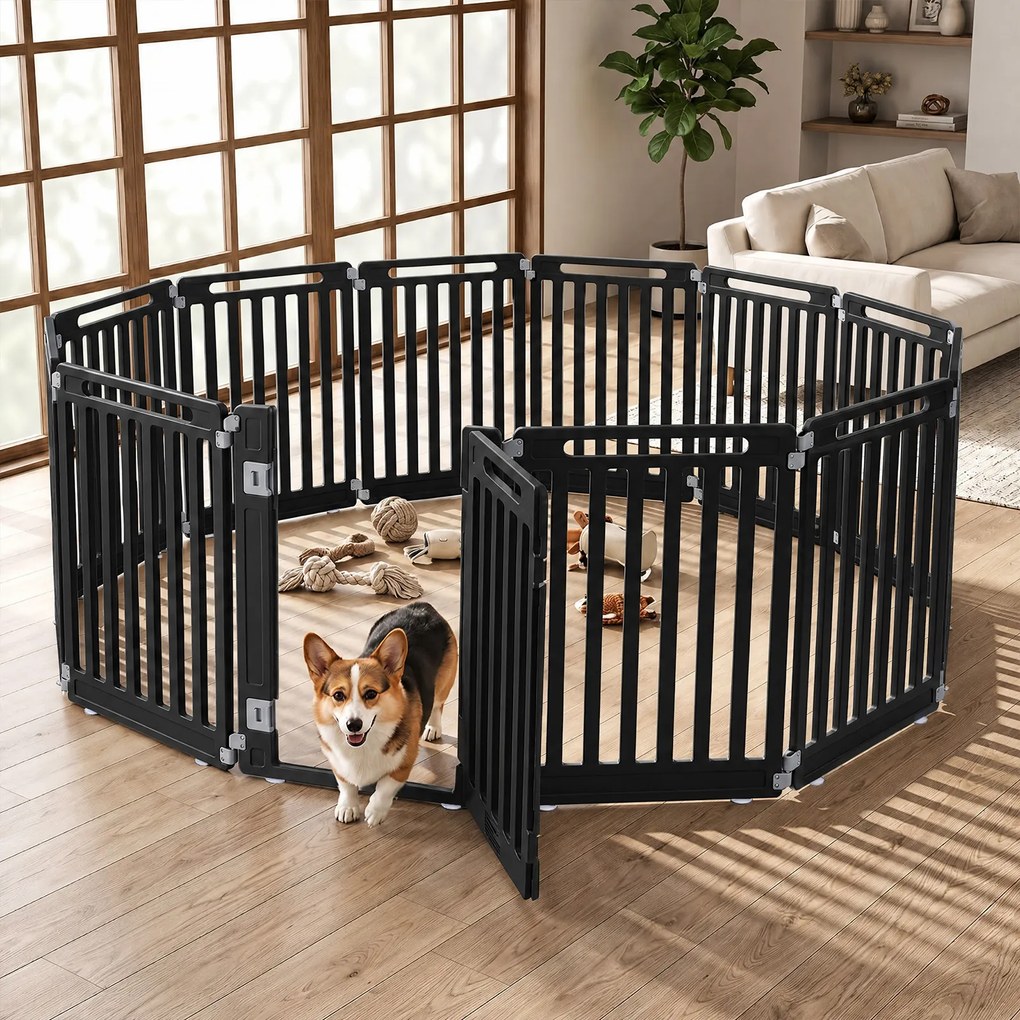 Recinto para Cães com 11 Painéis Modulares, 53 x 81 cm, Porta com Duplo Fecho, Preto