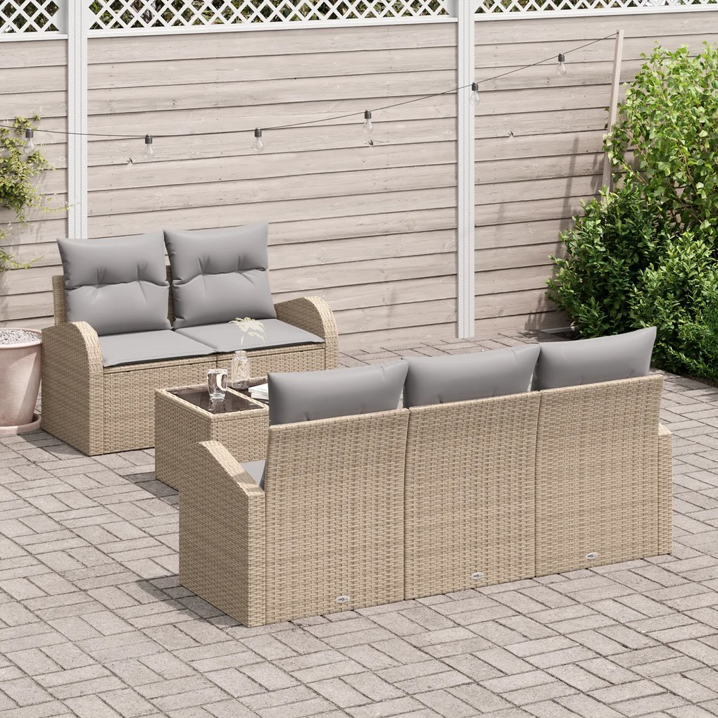 Conjunto de Sofás de Jardim de 6 Peças com Almofadas Bege Rattan Polié