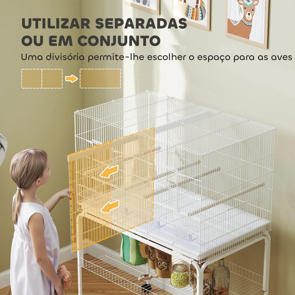 Gaiola para Pássaros com Divisória Rodas Gaiola para Aves com Comedouros Poleiros e Bandeja Removível 94x57x128 cm Branco